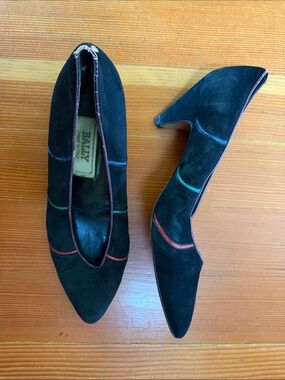 Bally Black Suede Pointed-Toe Pumps with Blue, Red and Teal Trim